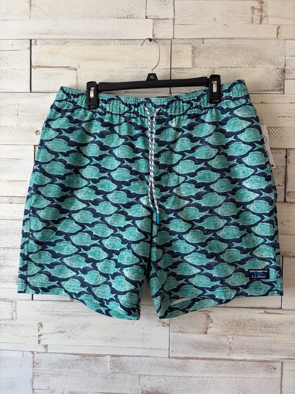 L.L. Bean Mens Aqua Fish-Pattern Swim Trunks vacationland ocean jade fish large